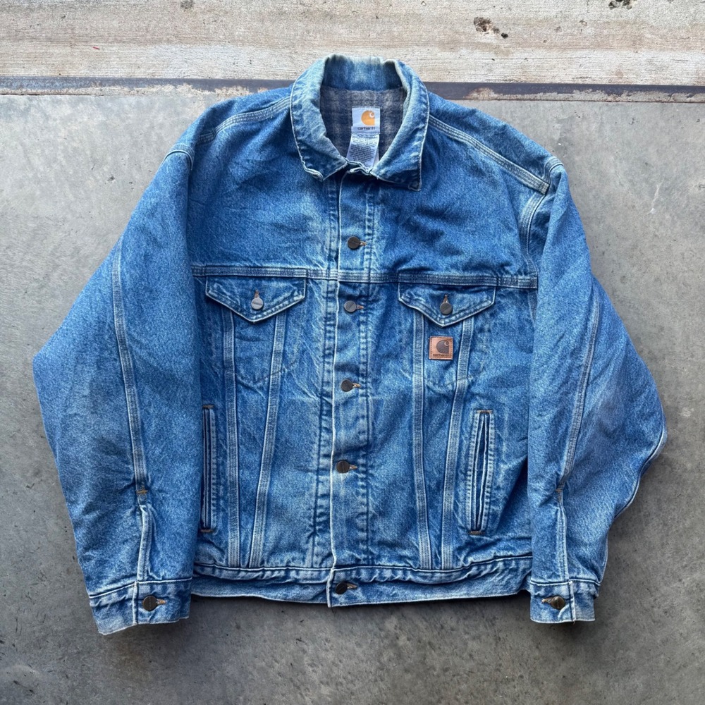 Vintage 90s Carhartt J11 DST Denim Trucker Jacket Blanket Lined USA Mens L